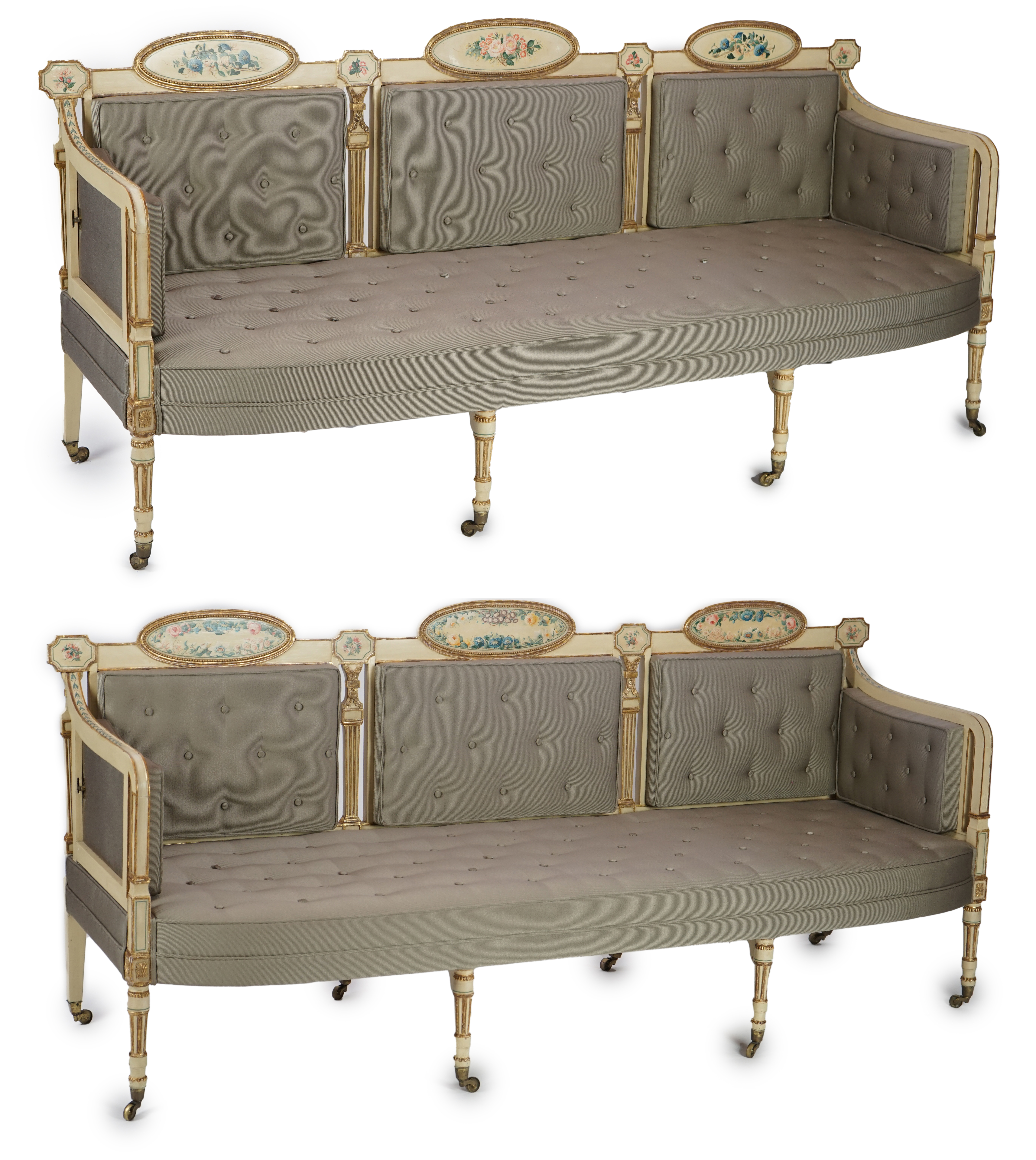 A pair of George III cream painted and parcel gilt settees, in the manner of George Brookshaw (1751-1823)